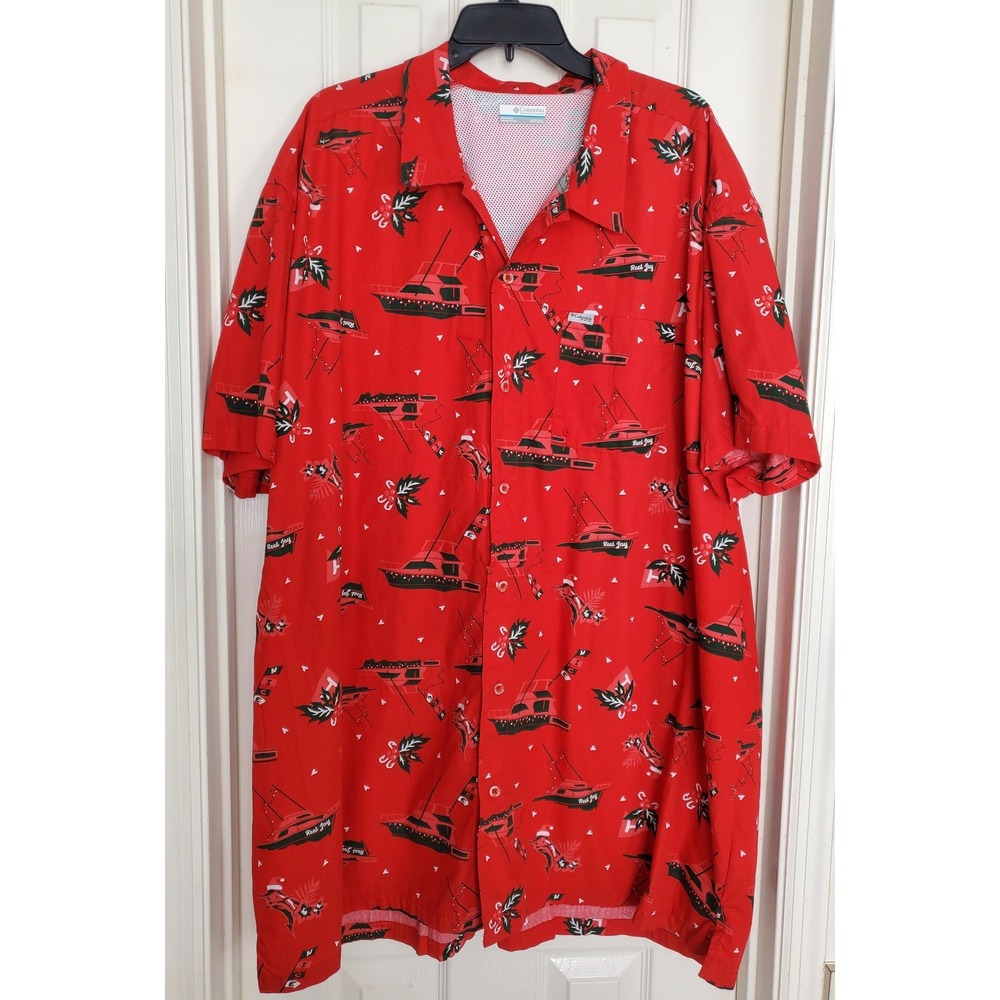 Columbia PFG Shirt Red Christmas Holiday Boat Marlin Fishing Gear 3XT 3XL Tall